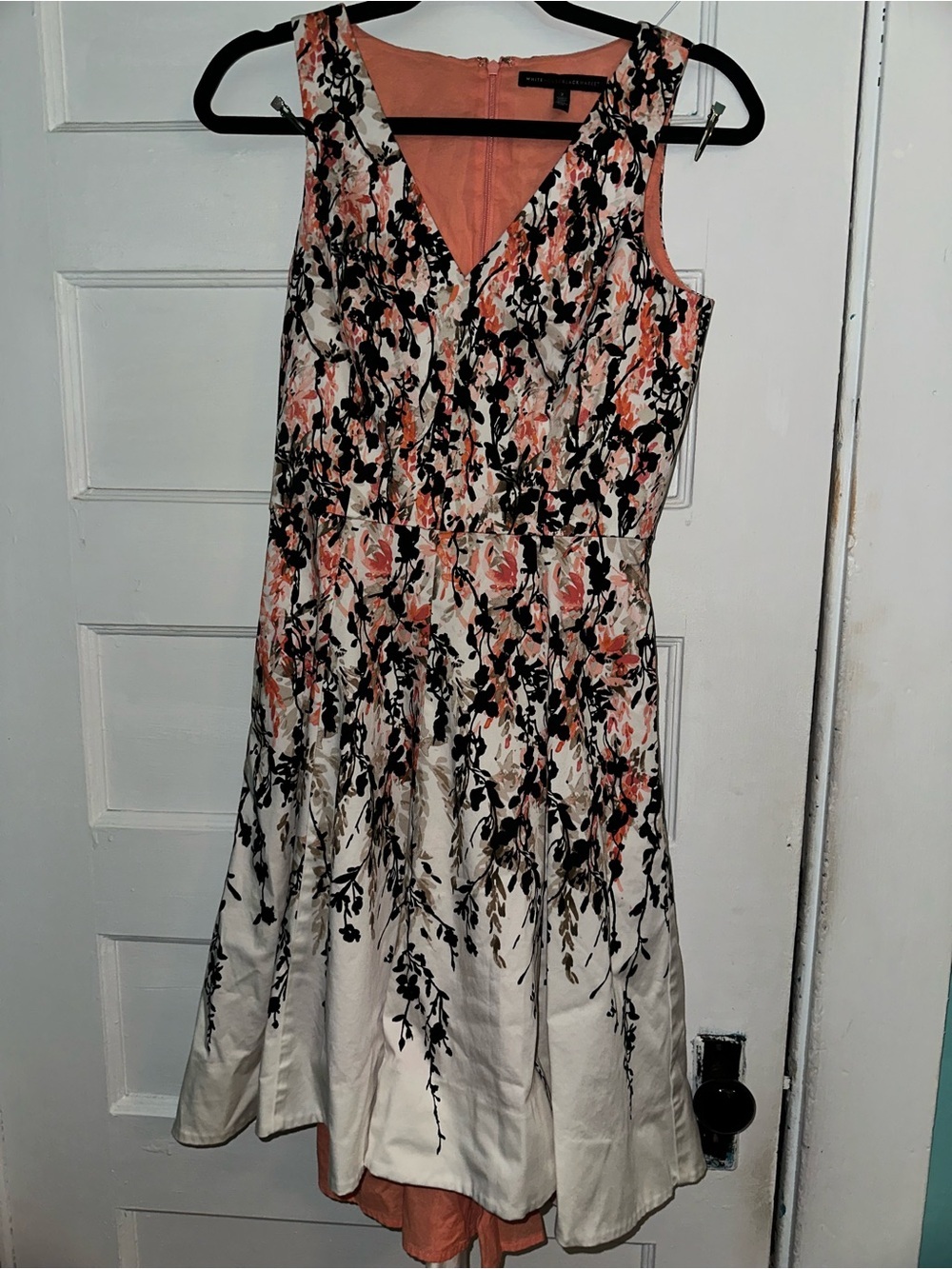 White House Black Market Coral and Black Floral Midi Dress